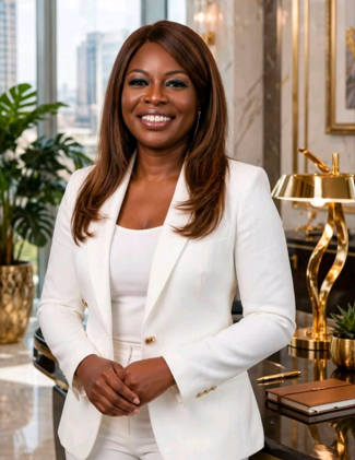 Dr. Unoma Okorafor in a red sweater, arms folded on a white desk, smiling